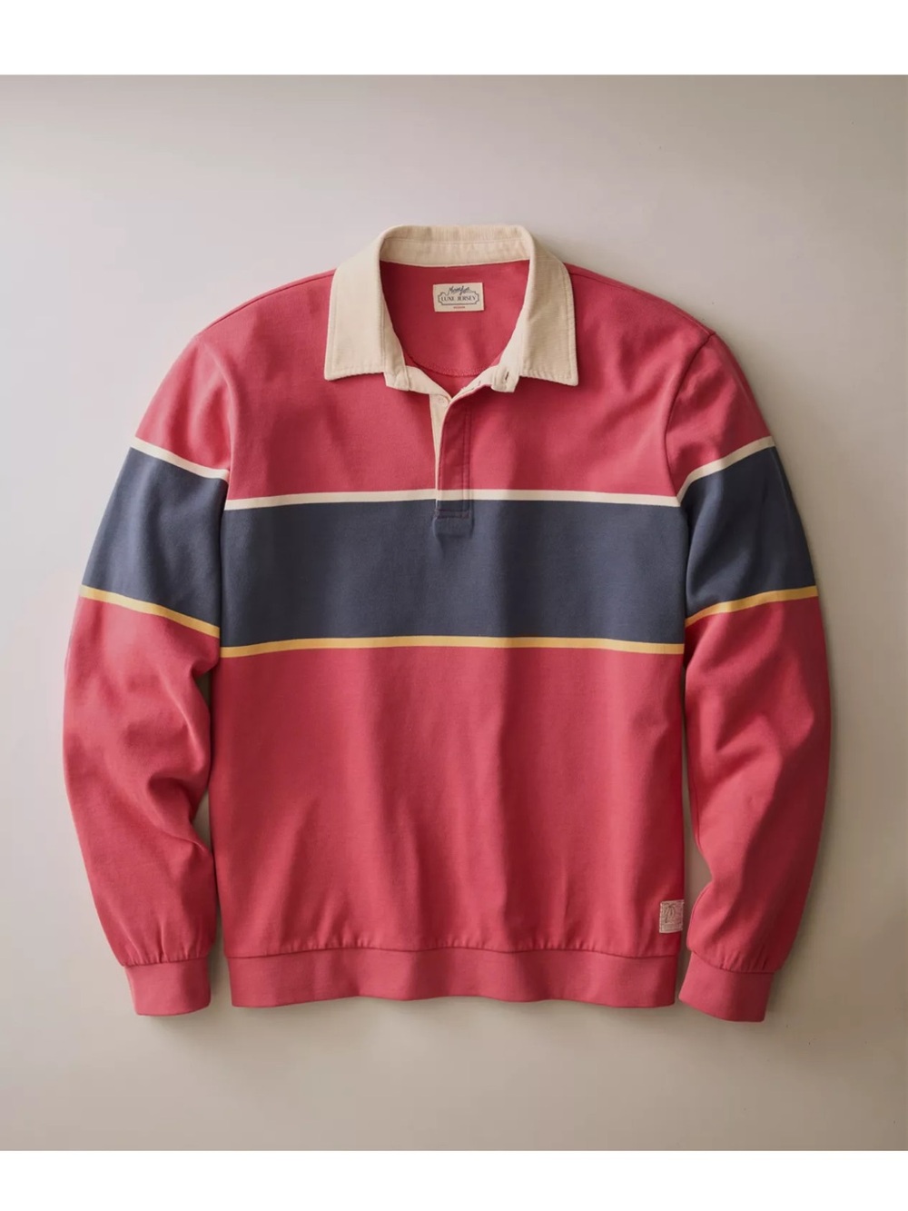 Marine Layer Red Rugby Shirt with Navy and Cream Accents